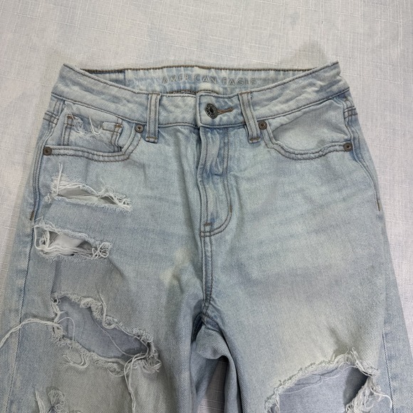 American Eagle Light Wash High Rise Skinny Strigid Mom Jeans sz 0 Distressed Rip - Picture 6 of 12